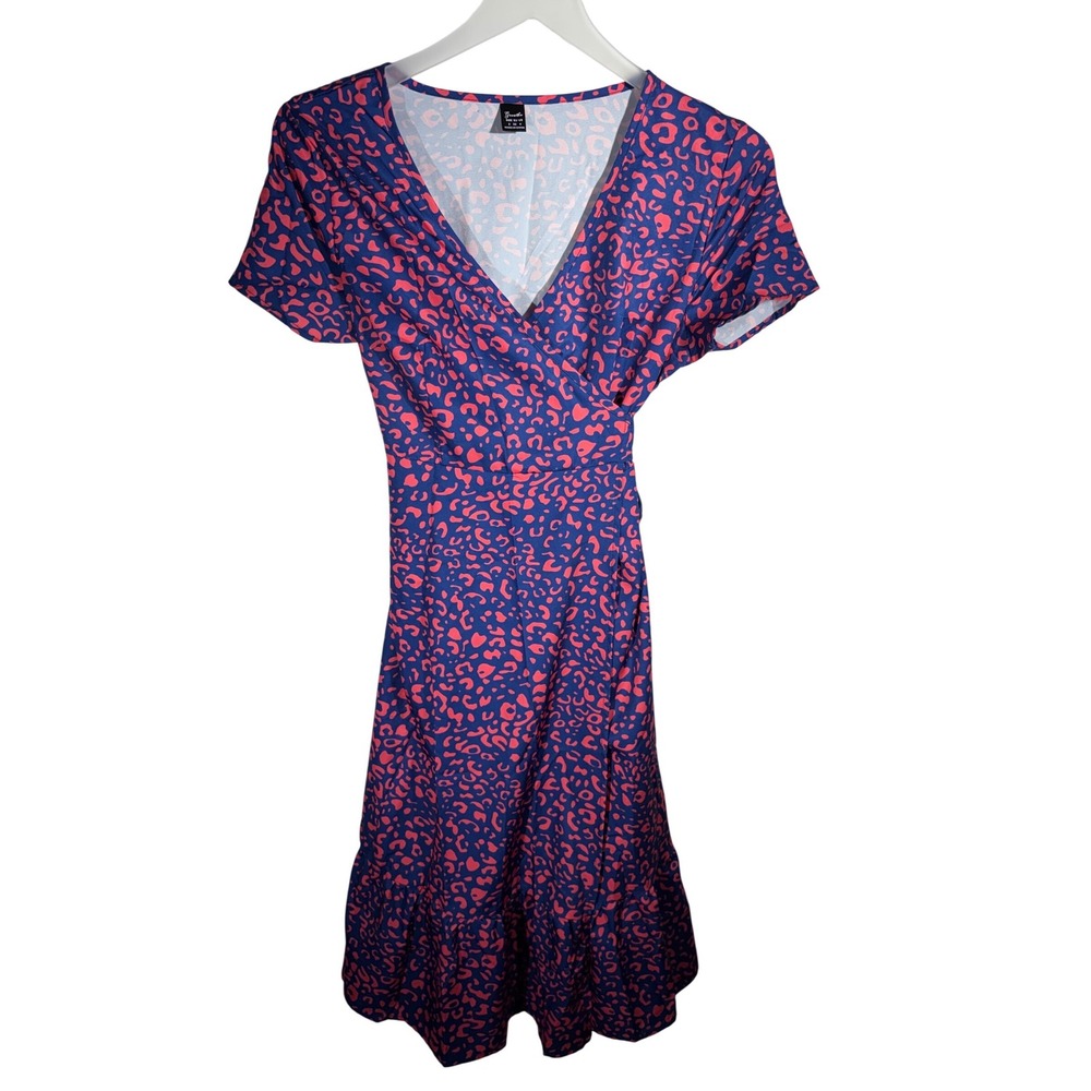 Greathe Women Navy Pink Leopard Print Wrap Dress Short Sleeve Ruffle Hem Size 4
